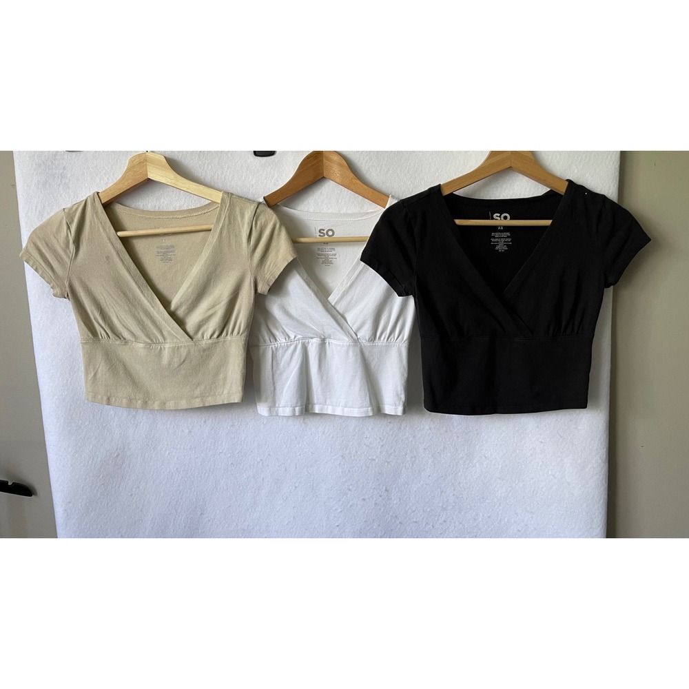 SO Surplice V-Neck Crop Top Bundle Black White Tan XS Set of 3